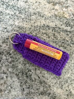 Handmade Purple Crocheted Lip Balm Cozy with Keyring Burt’s bees pomegranate